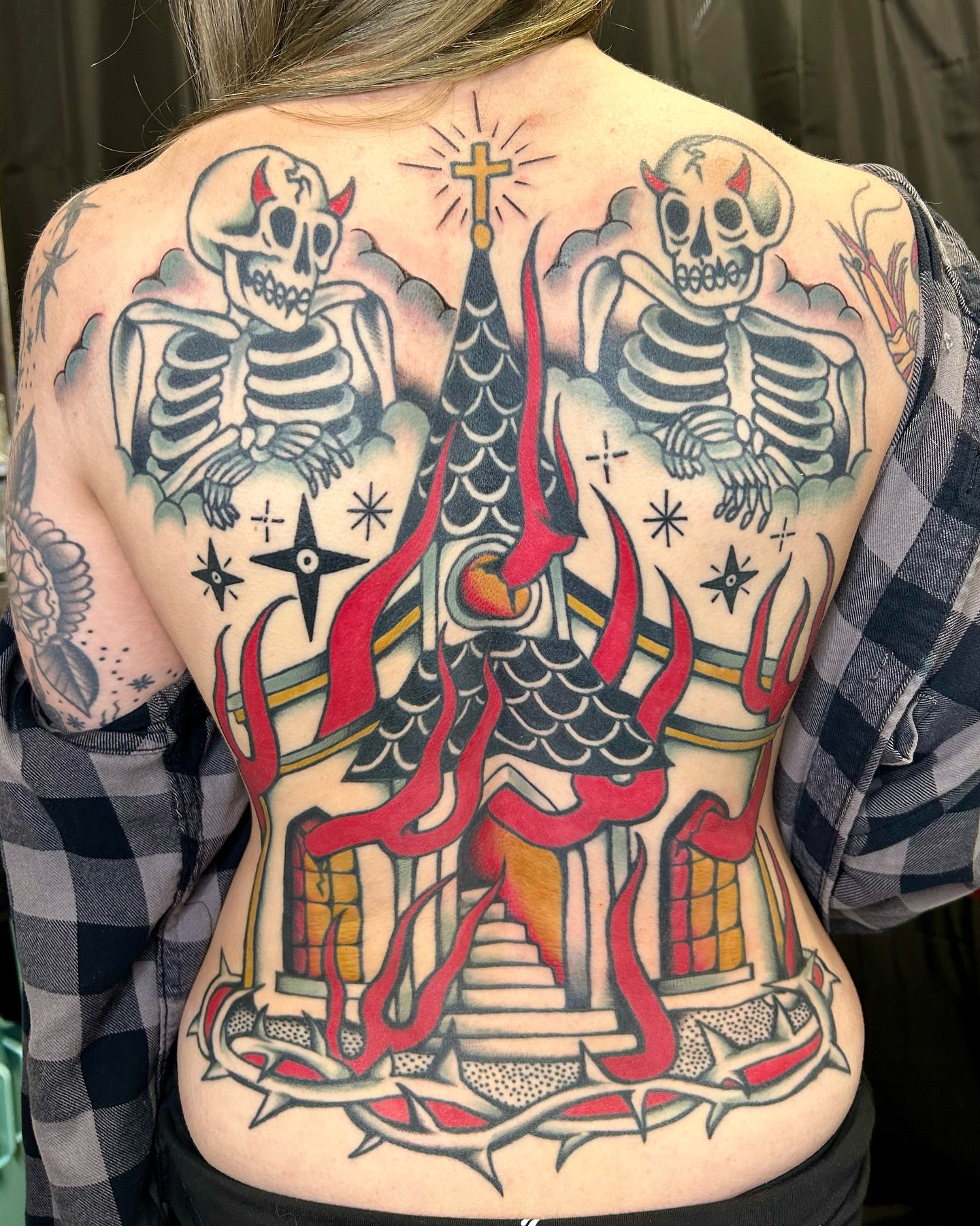 Church with skeletons American traditional tattoo on the back by ☻ darby robertson ☻