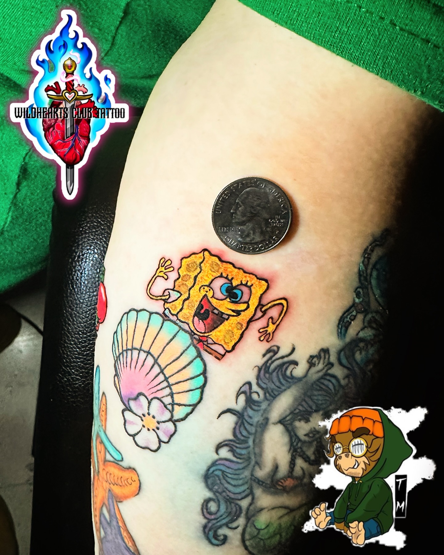 SpongeBob SquarePants new school tattoo on the thigh by Davone Joyner, Richmond, Virginia