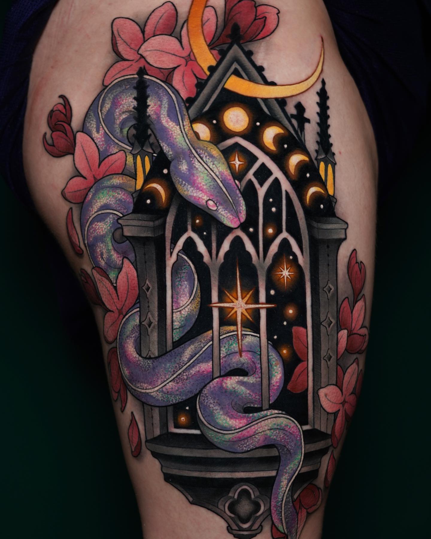 Gothic window with snake neo-traditional tattoo on the thigh by π·πΉππππ π²πππππ·