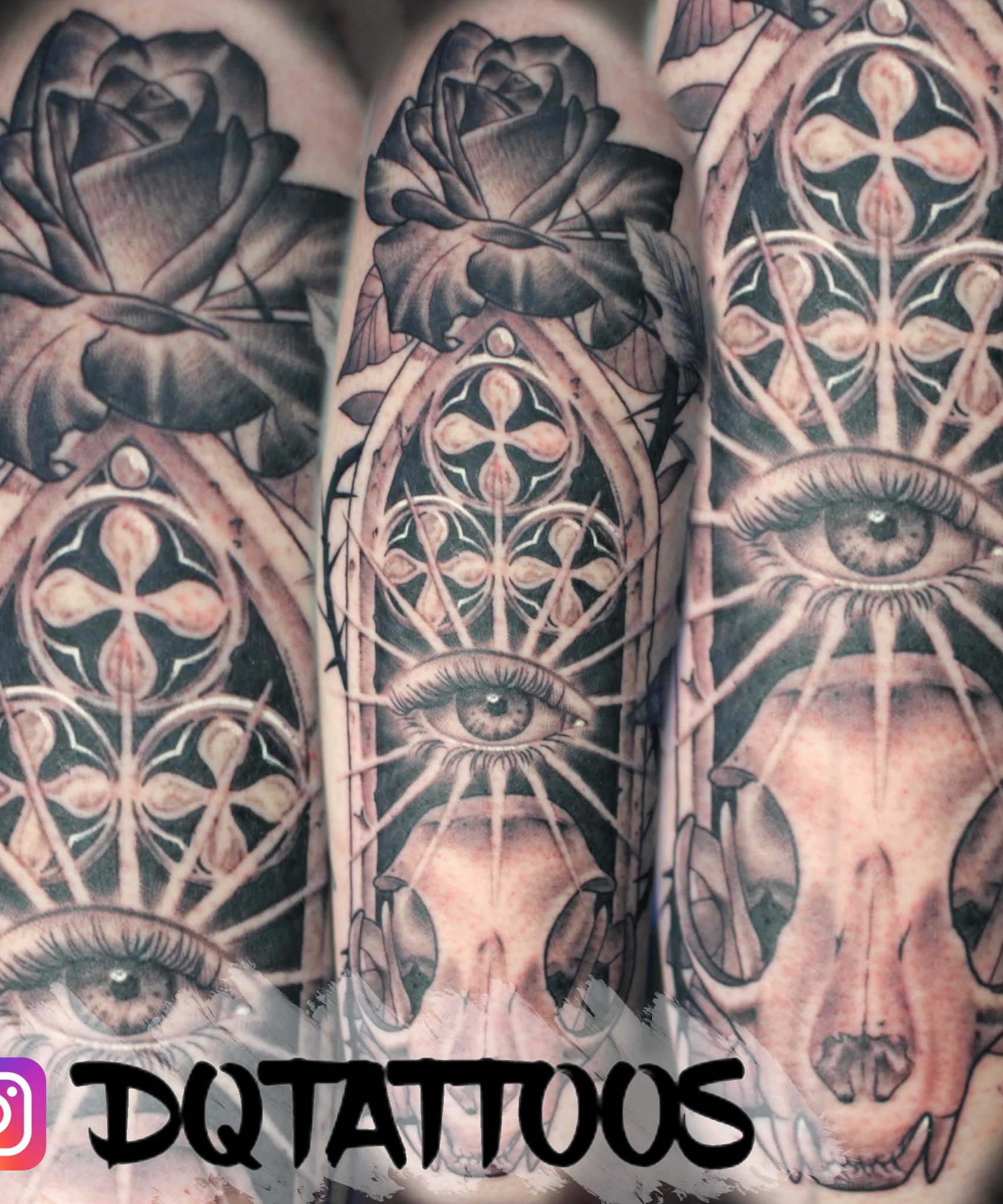 Eye and skull geometric tattoo on the forearm by Dustin Quillen Tattoo Artist, Campbellsville, Kentucky