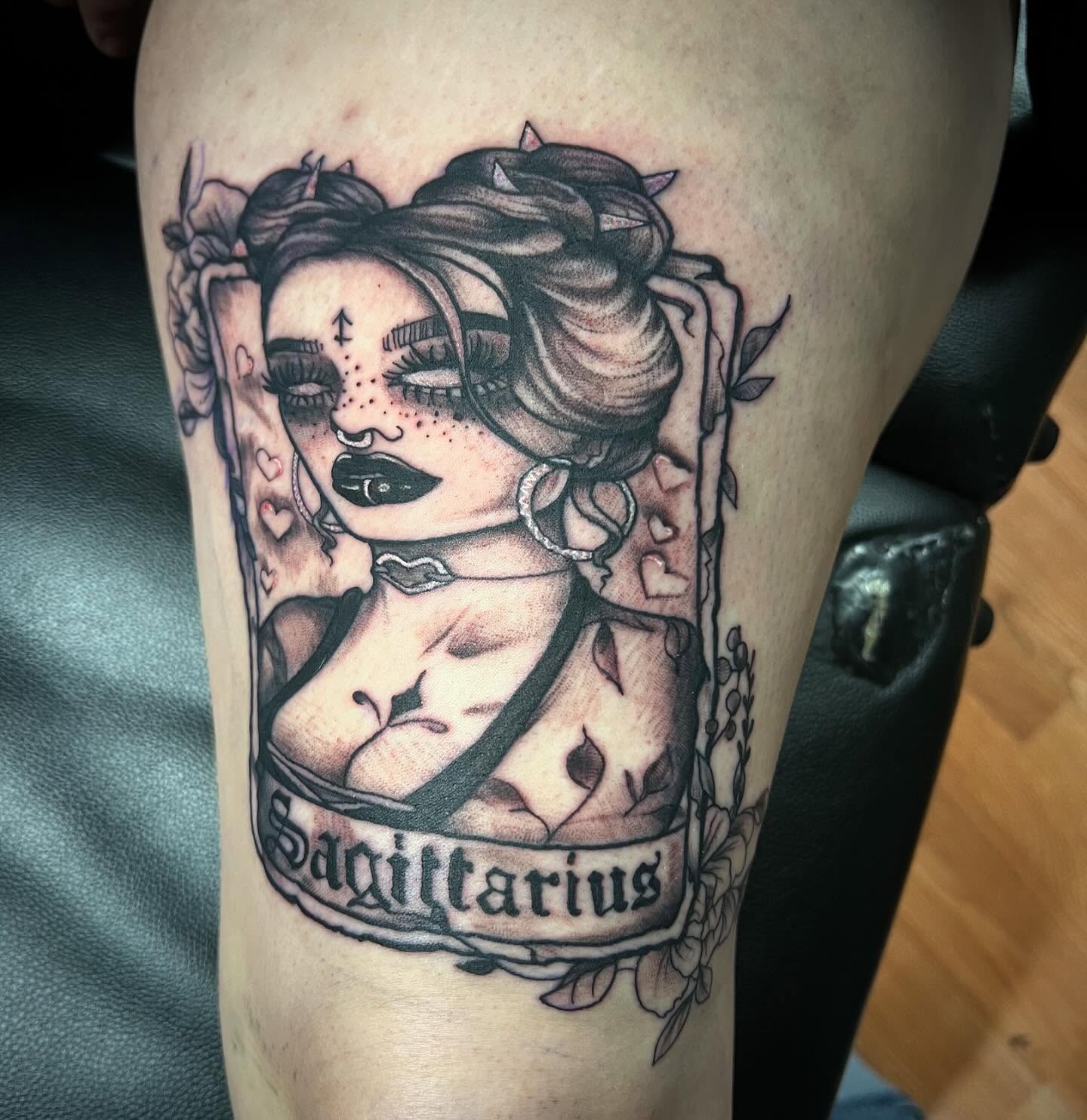 Sagittarius realism tattoo on the thigh by Katie Sayre
