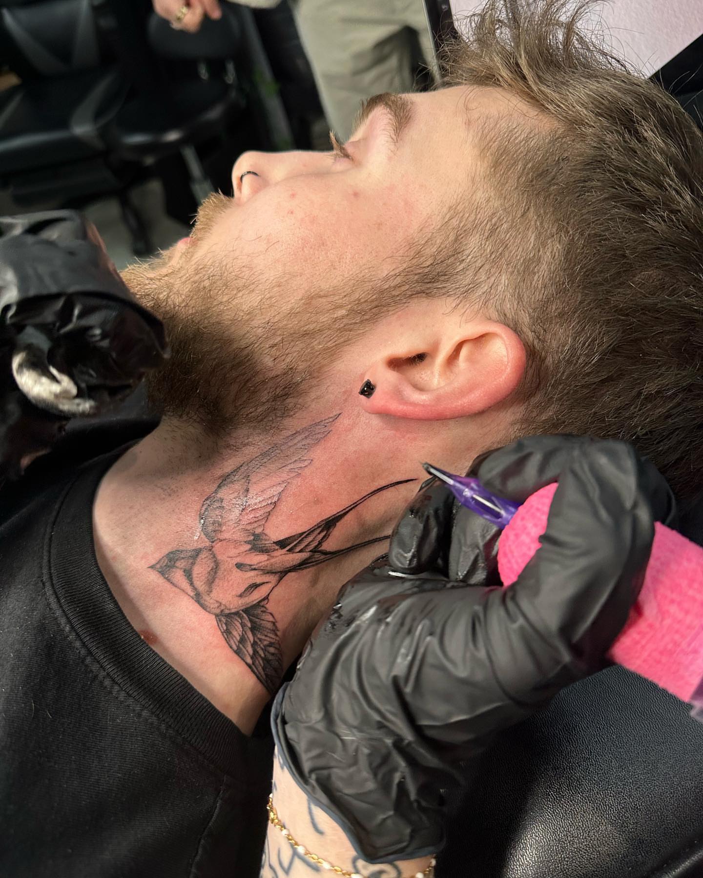 Bird black and grey tattoo on the neck by ⭒ ʜᴀɪʟᴇʏ ᴍᴇᴛᴢ ⭒