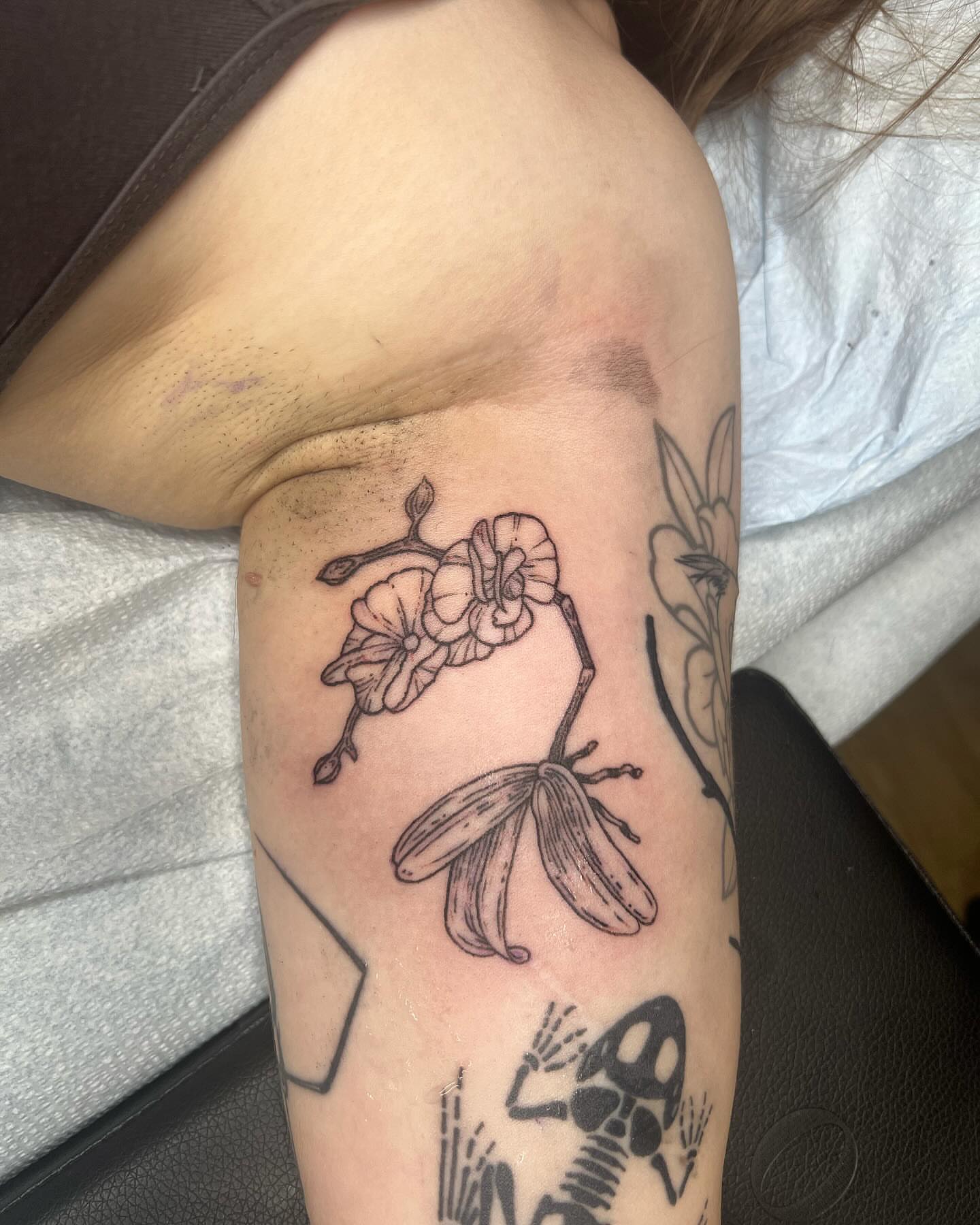 Orchids black and grey tattoo on the forearm by sarah bug