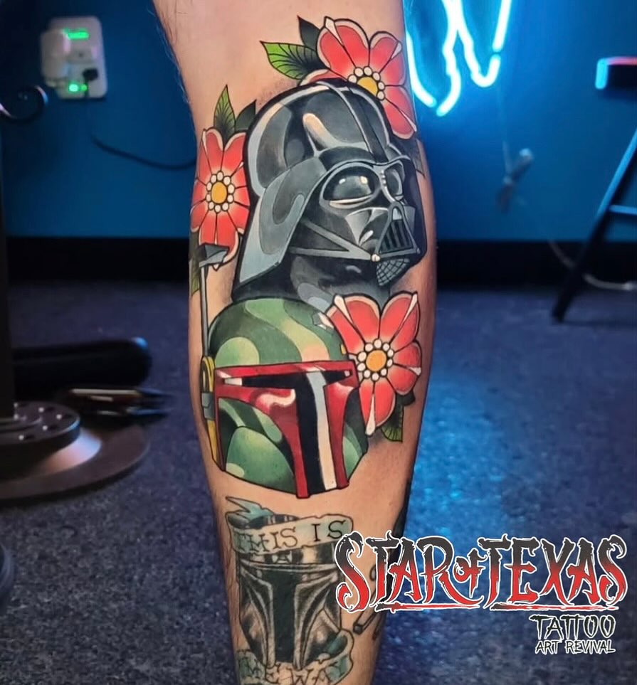 Darth vader and boba fett American traditional tattoo on the forearm by Anime and newschool tattoos in Harker