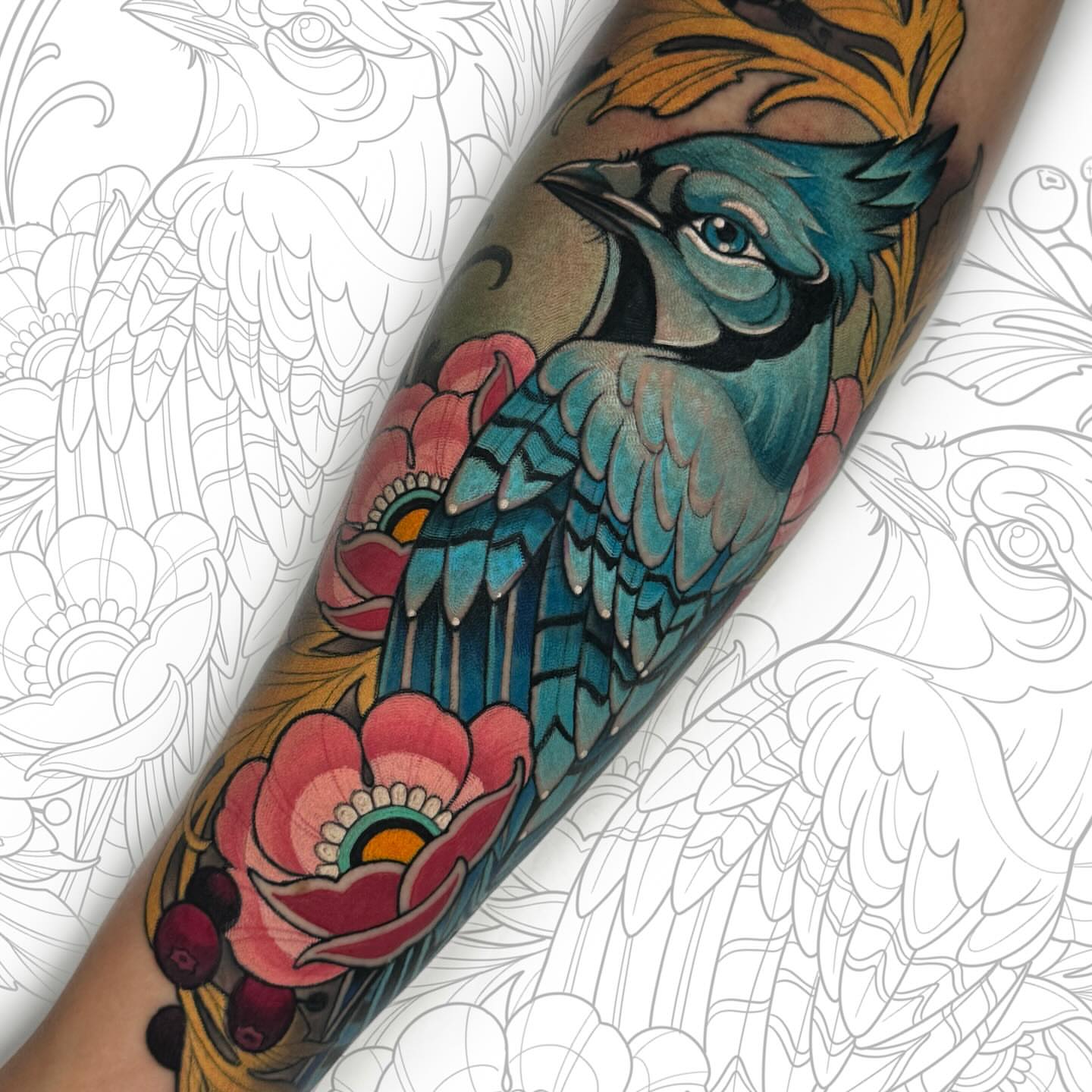 Blue jay and flowers American traditional tattoo on the forearm by James Boag