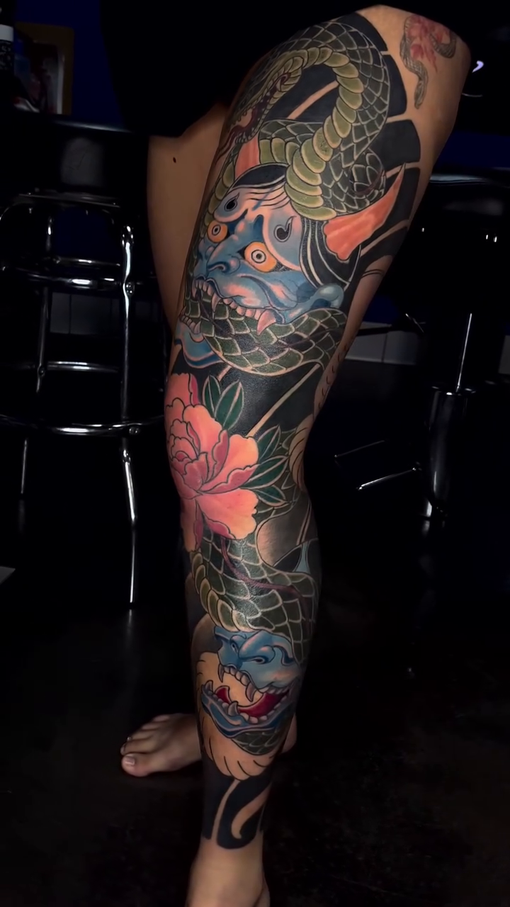 Dragon and Hannya mask with peonies japanese irezumi tattoo by Tam Nguyen