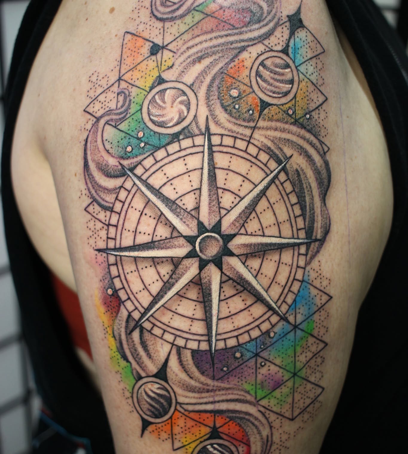 Compass geometric tattoo on the shoulder by Dustin Quillen Tattoo Artist, Campbellsville, Kentucky