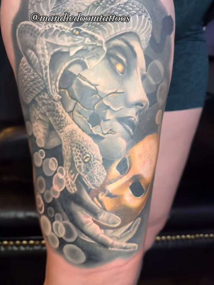 Tattoo by @mandiedoomtattoos — realism, black_and_grey
