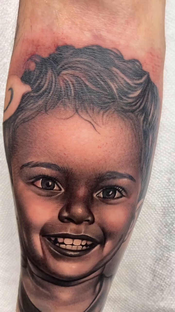 Child's portrait realism tattoo by Joshua ramirez, Montebello, California