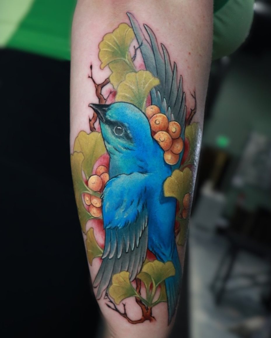 Bluebird realism tattoo on the forearm by Mike j tattooer