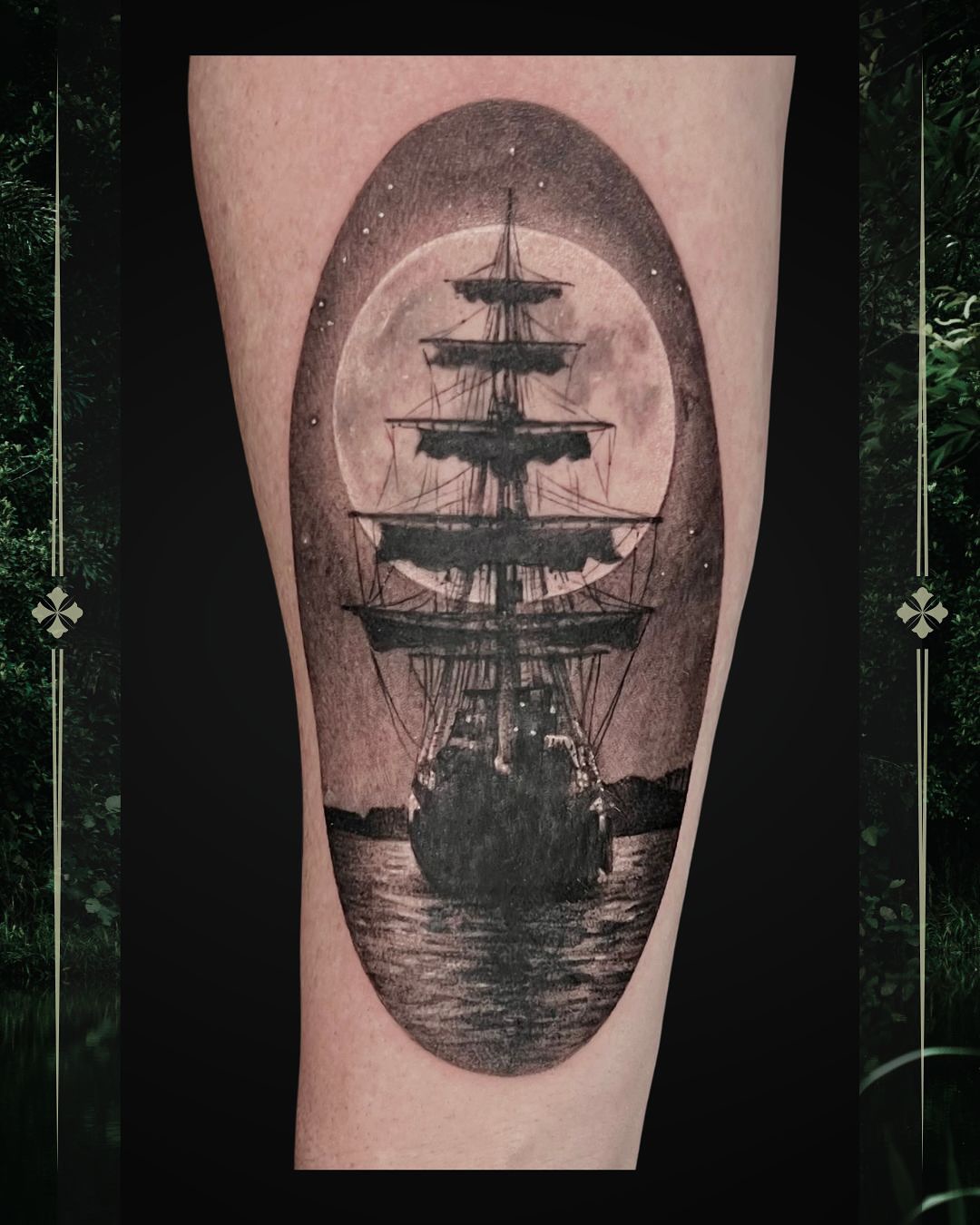Ship sailing under moon realism tattoo on the forearm by Mike j tattooer