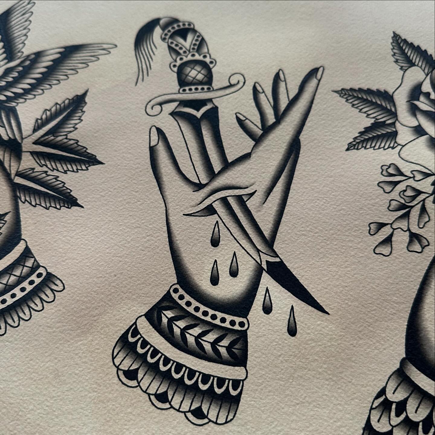 Hand with dagger American traditional tattoo on the hand by Jess Ritchie, Austin, Texas