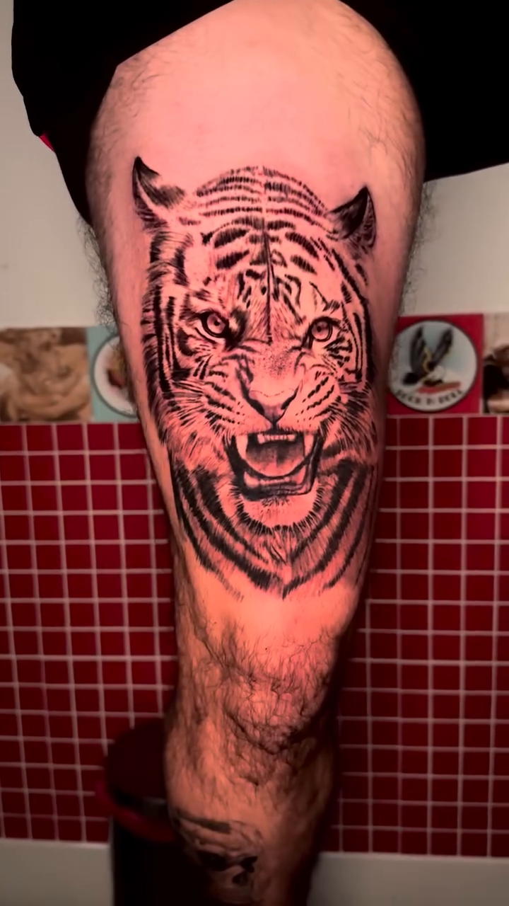 Tiger head realism tattoo by Tiago Britto