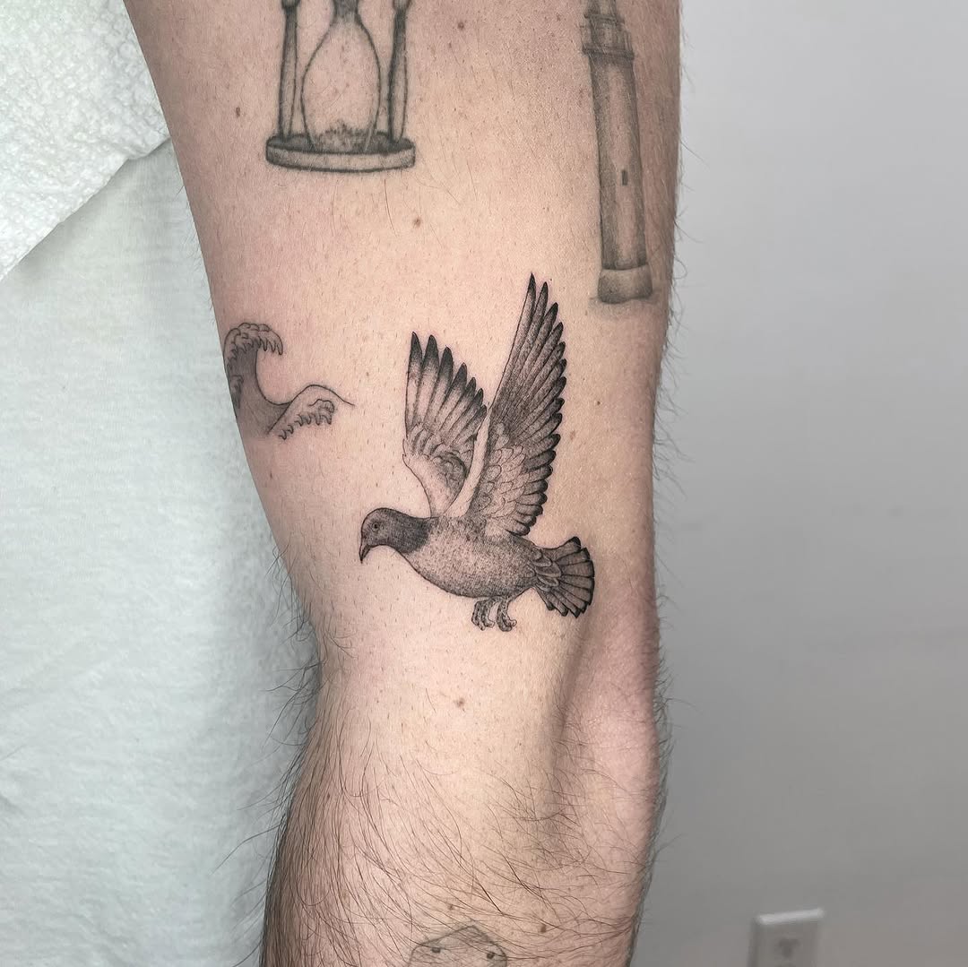 Dove fine line tattoo on the forearm by Jesus A.