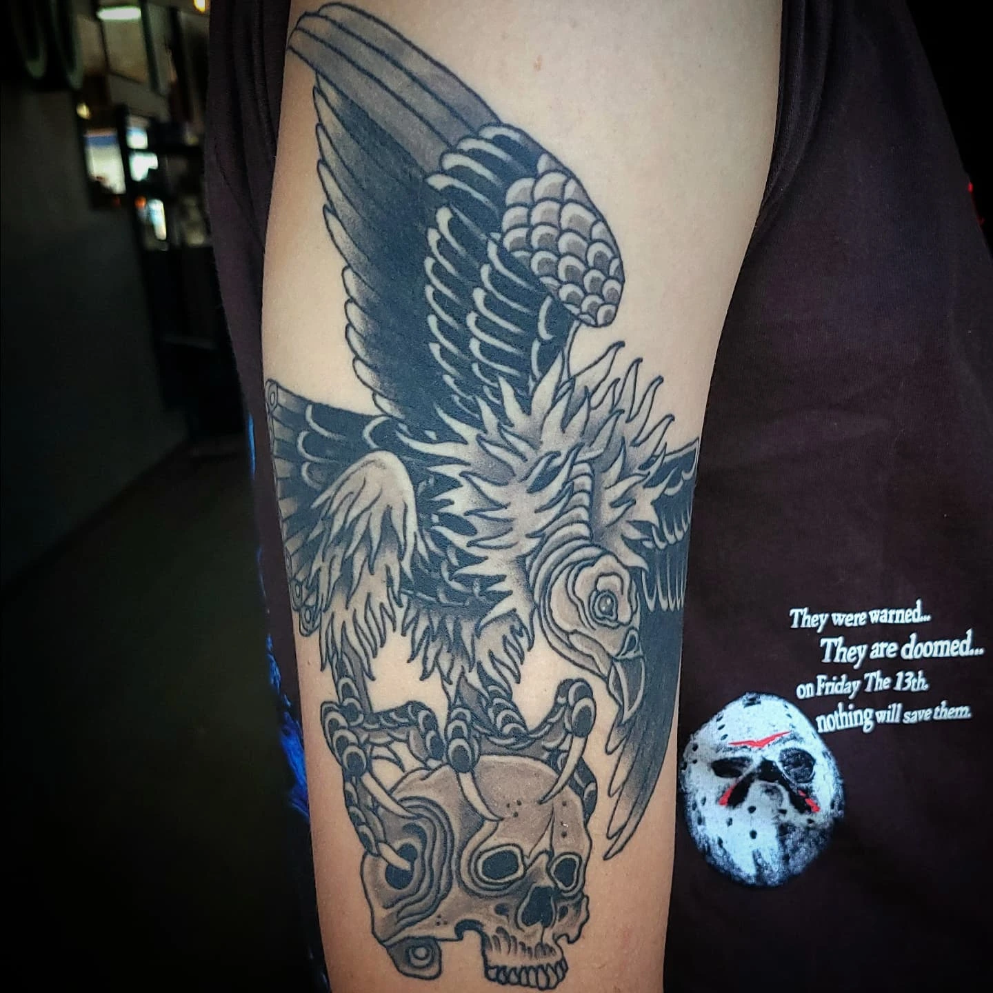 Eagle and skull realism tattoo on the forearm by Sean Hollinger