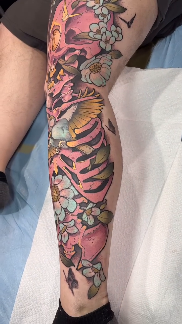 Oni mask, skeleton, flowers, bird japanese irezumi tattoo by Evin Pfaff, Bedford, Pennsylvania