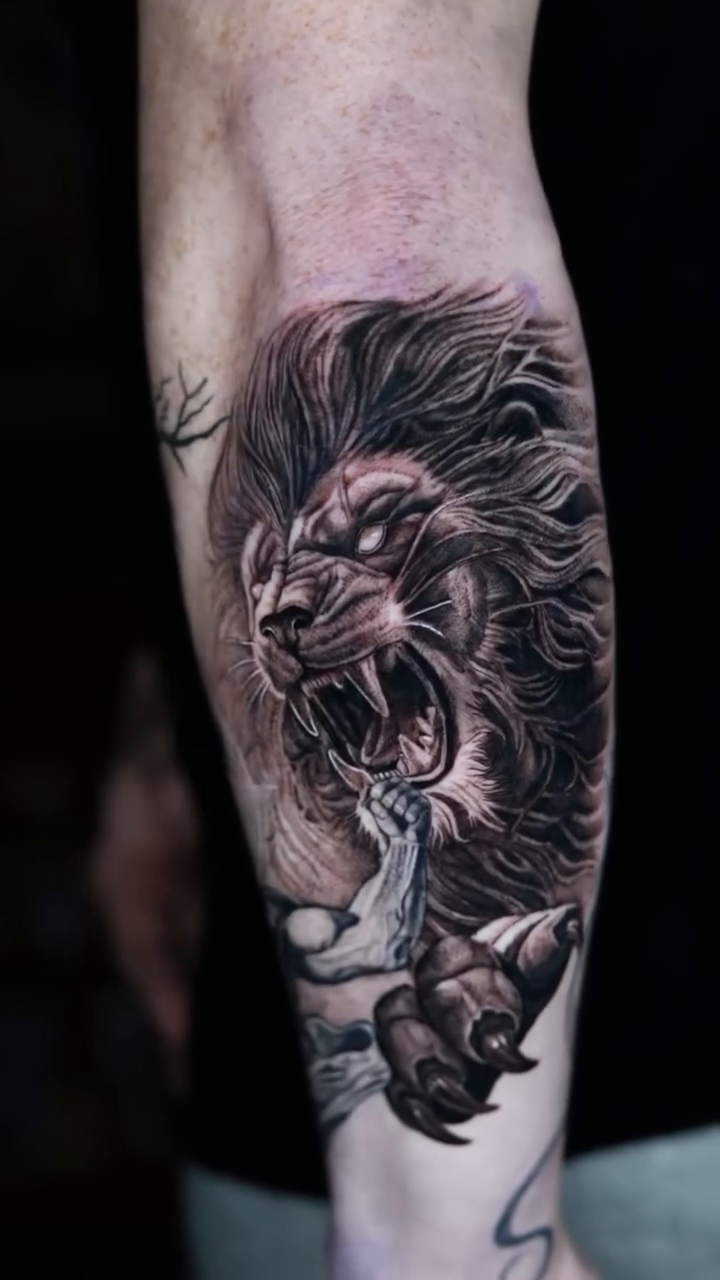 Lion and a warrior realism tattoo by Jules, Arlington, Texas