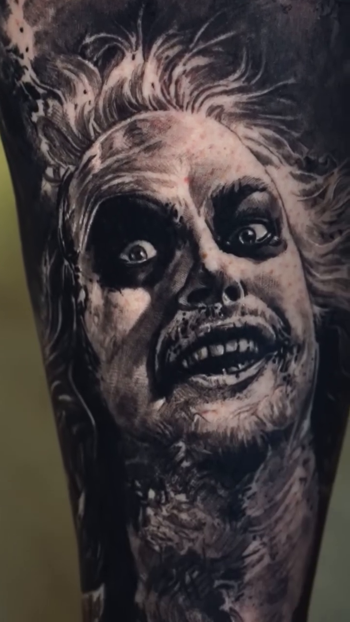 Beetlejuice character realism tattoo by Ryan Gage Gonzalez
