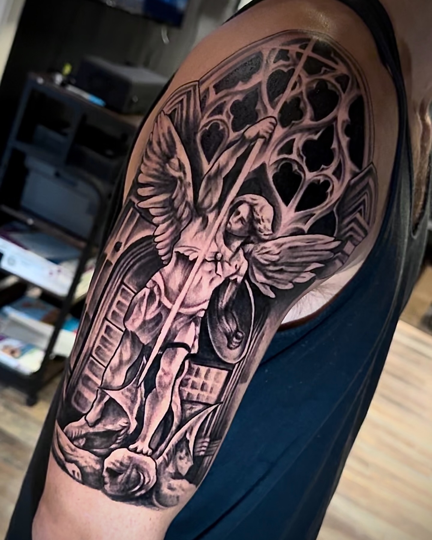 Angel with sword realism tattoo on the forearm by BillydaKid