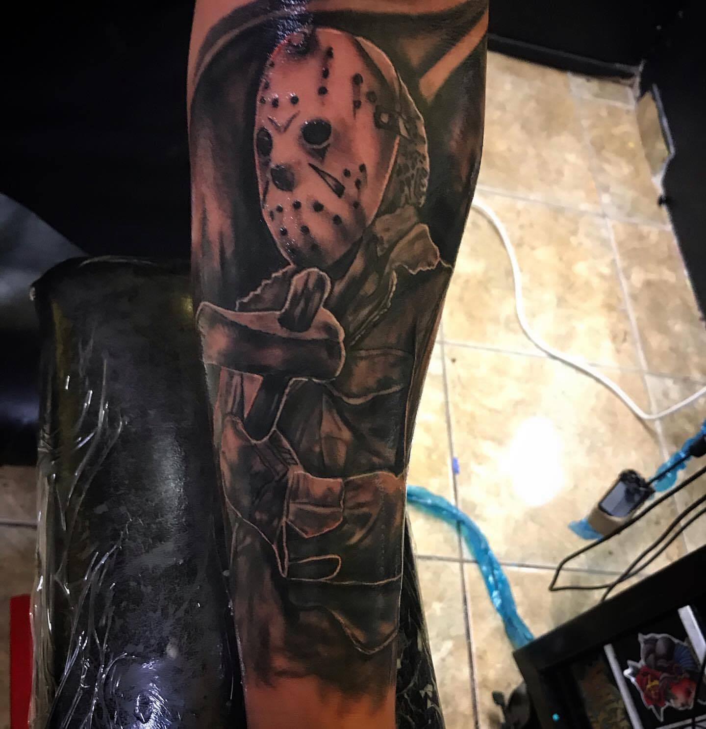Jason voorhees realism tattoo on the forearm by Tonii Florrez