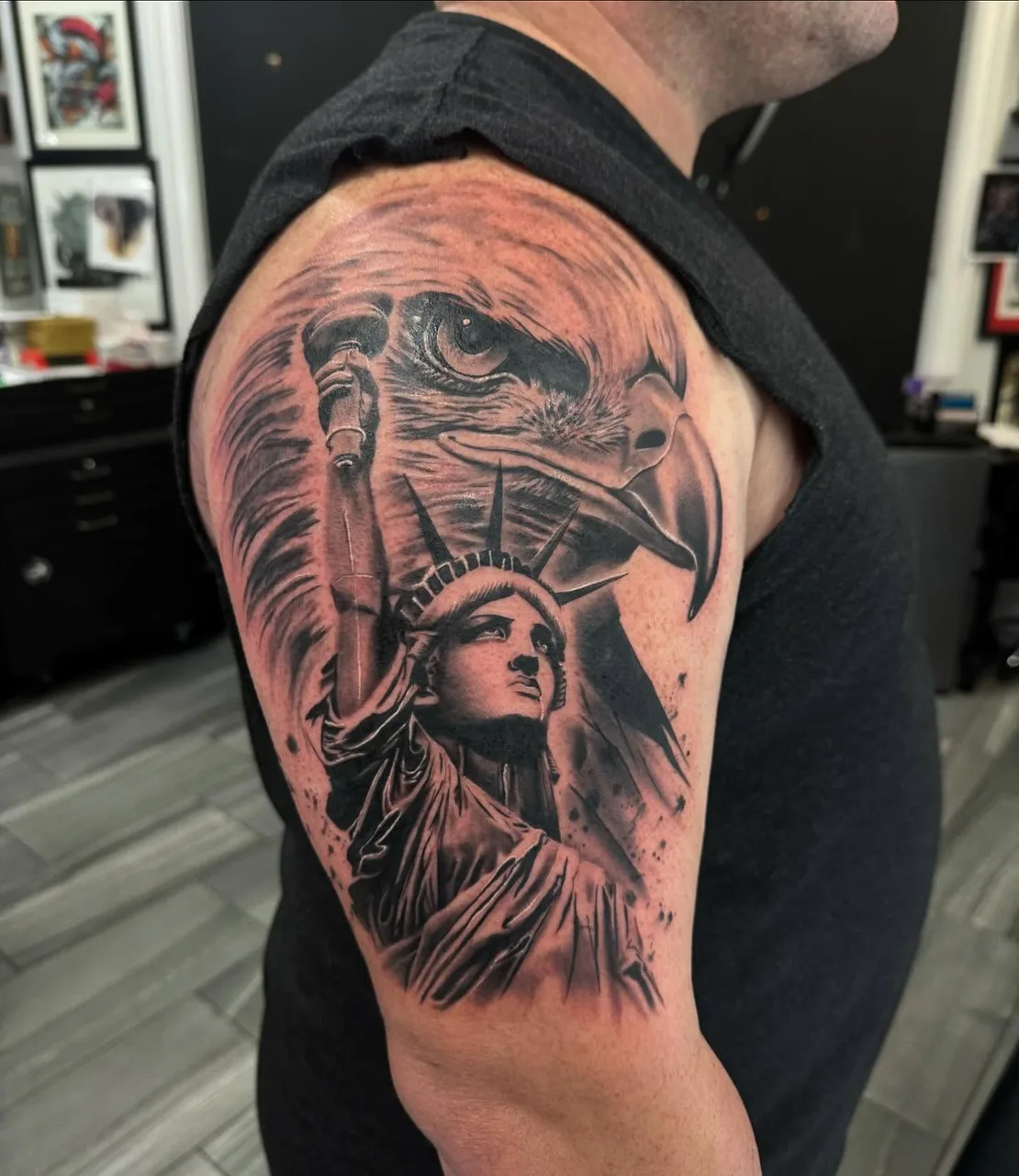 Statue of liberty and eagle realism tattoo on the shoulder by lizzy, Damascus, Maryland