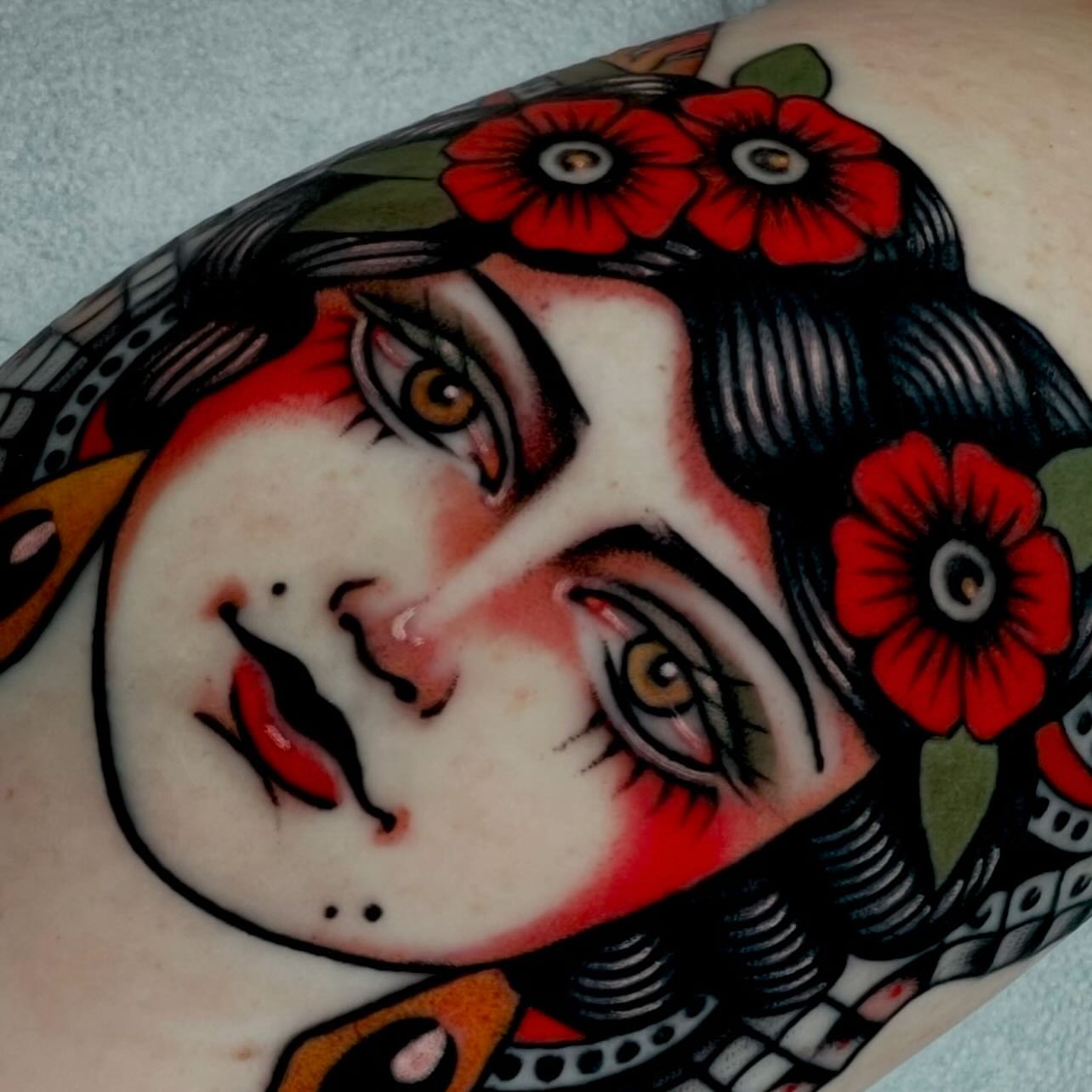 Geisha American traditional tattoo on the forearm by Hailey Johnson