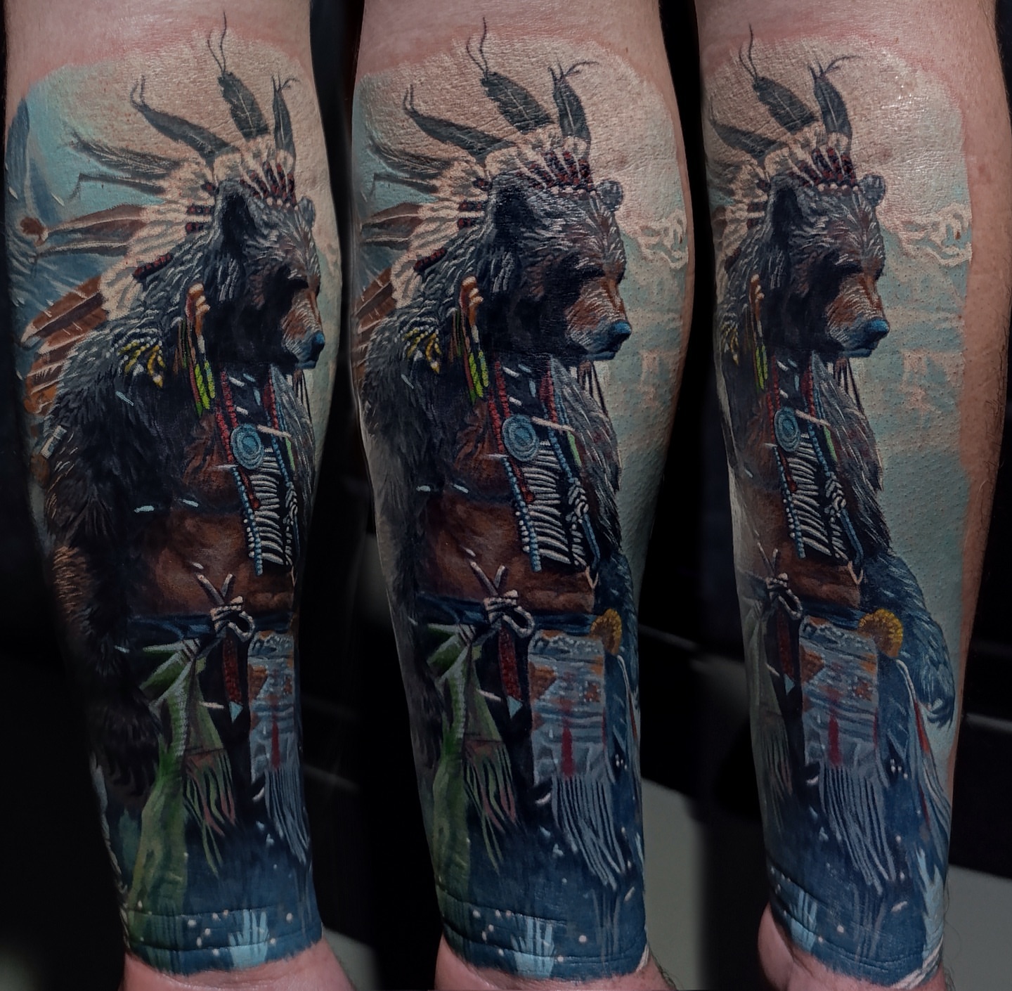 Bear chief realism tattoo on the calf by Vladimir Lutaev