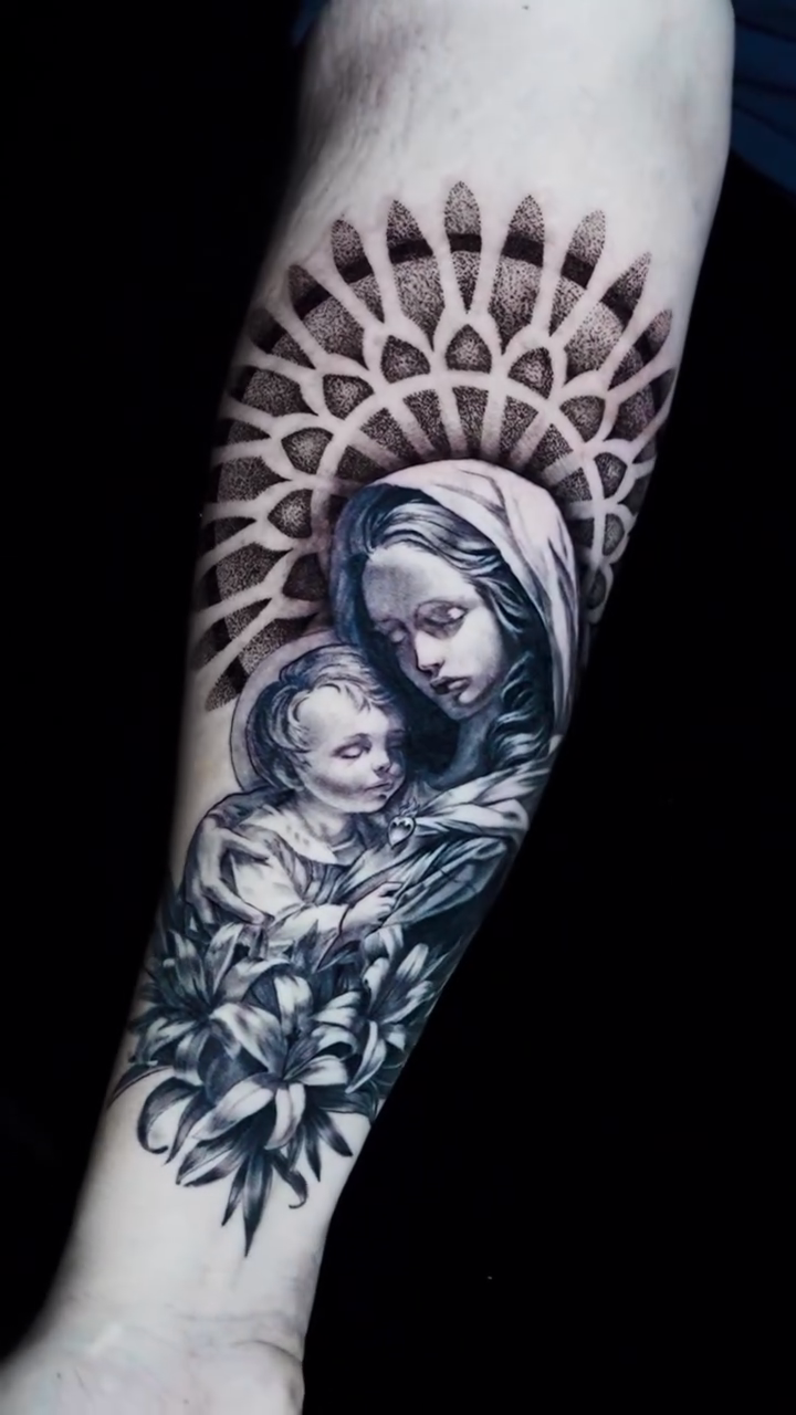 Virgin Mary and child realism tattoo by James Jurado