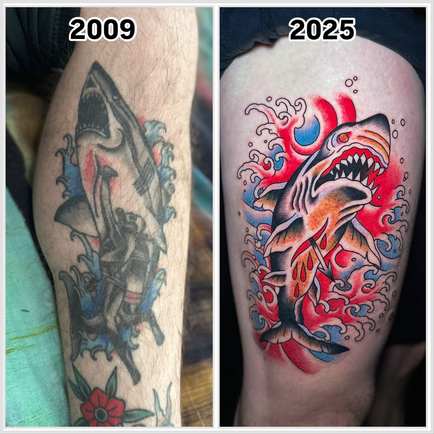 Shark American traditional tattoo on the thigh by Matt Trimble, Charlotte, North Carolina