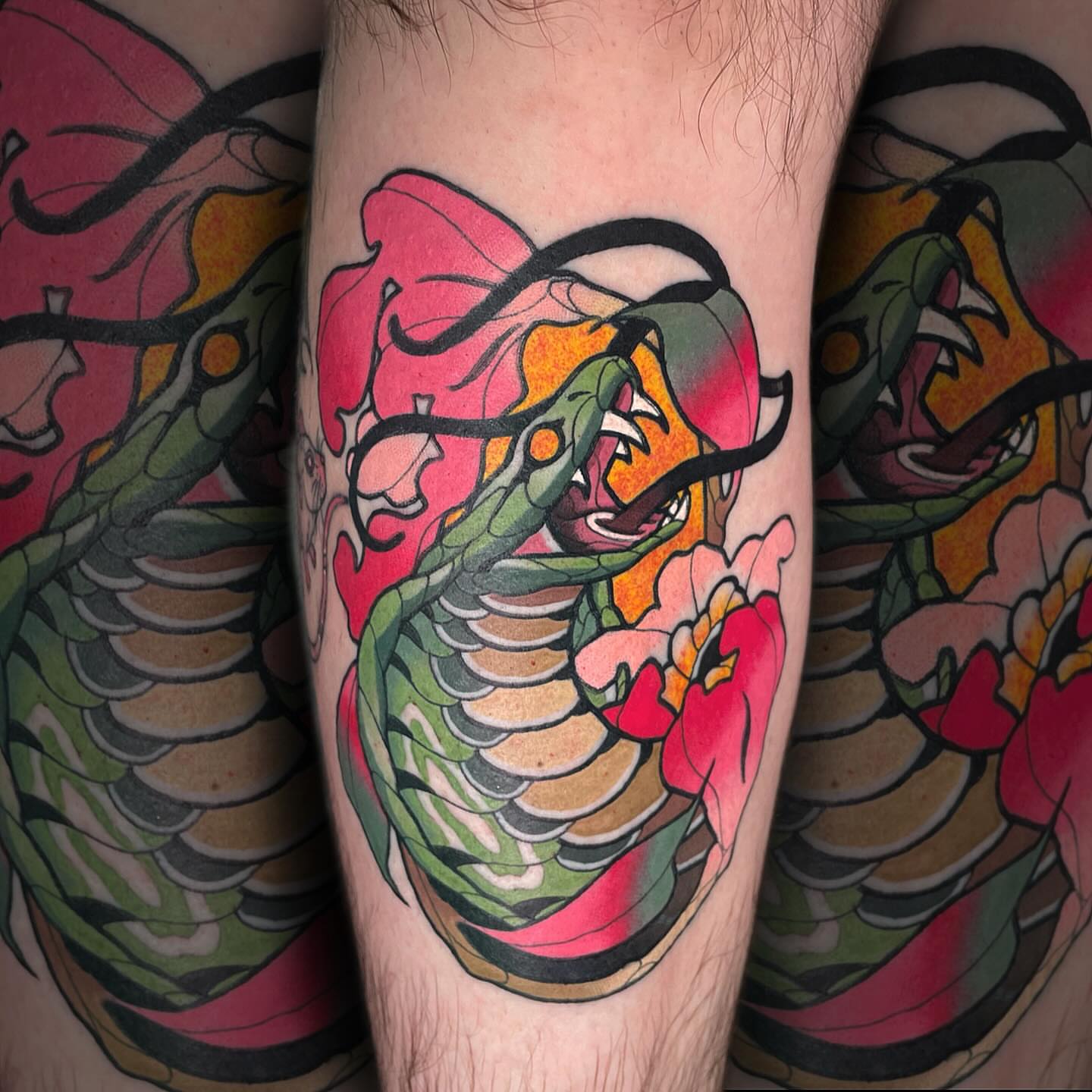 Snake and peony American traditional tattoo on the forearm by Nathan Mickle