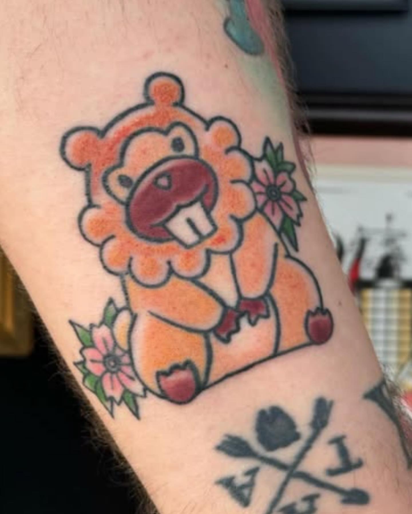 Teddy bear American traditional tattoo on the forearm by 👾 not ur baby’s ink 👾