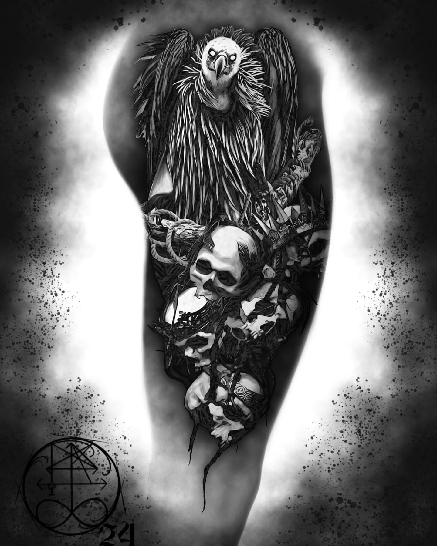 Vulture and skulls dark realism tattoo on the forearm by AaronAdlerTattoos.com, Cincinnati