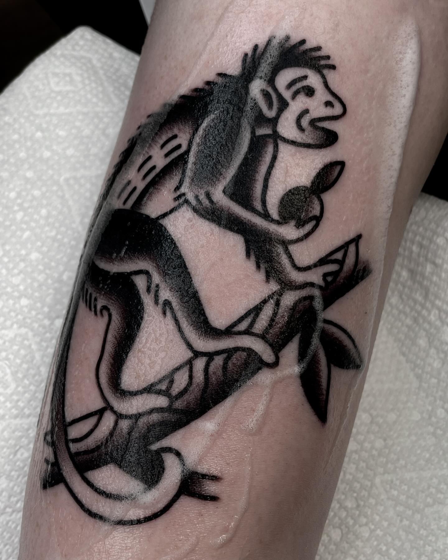 Monkey black and grey tattoo on the forearm by Jenn ★ Reid