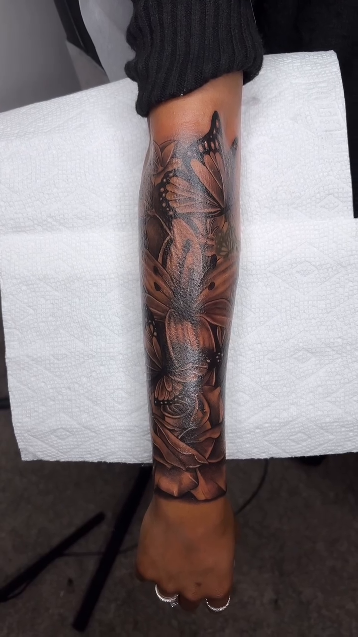 Butterflies and floral elements with script realism tattoo by Mr. 3 for $100 ✍🏽, Atlanta, Georgia