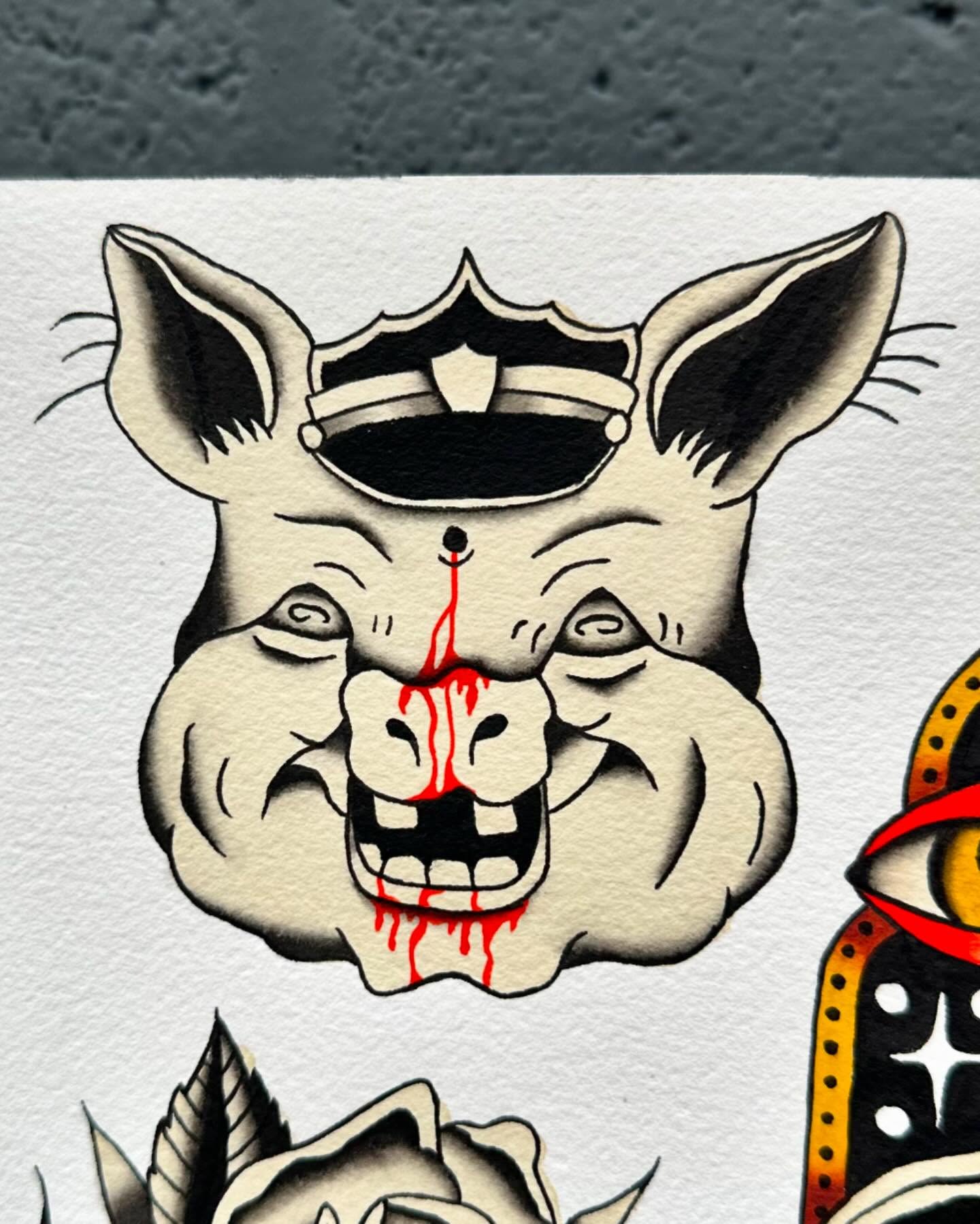 Pig with police hat American traditional tattoo by rory