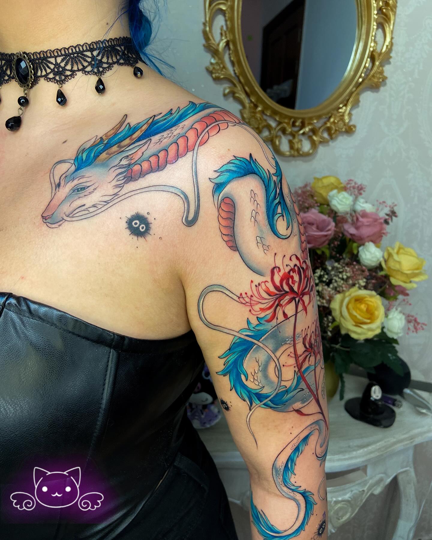 Dragon and chrysanthemum dotwork tattoo on the shoulder by Maria Camila yepes, Bogotá, Bogotá, Distrito Capital
