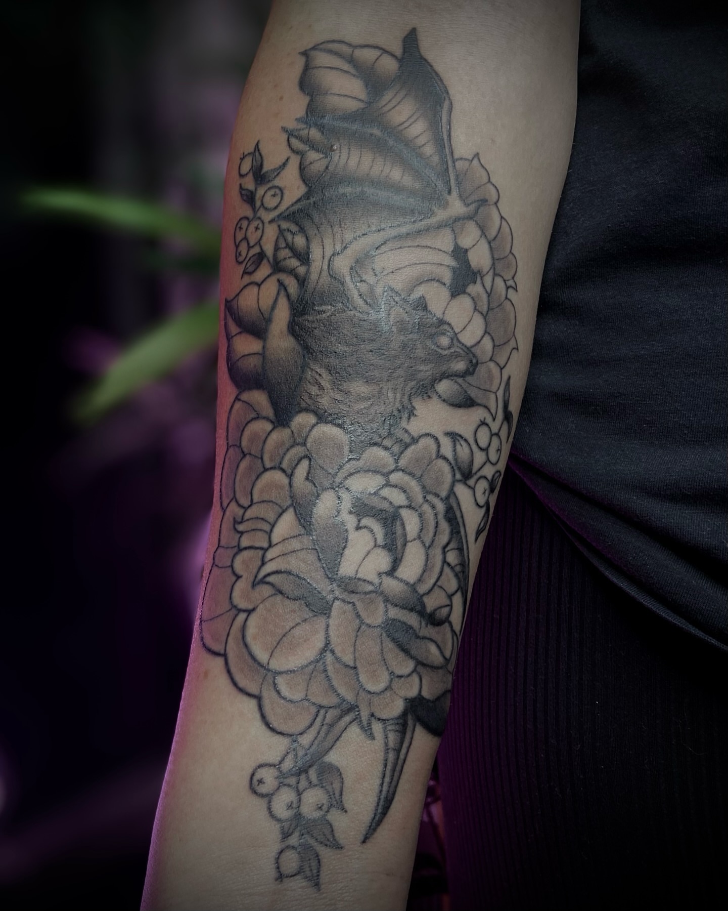 Flower and fox realism tattoo on the forearm by Shelbie, Salt Lake City, Utah