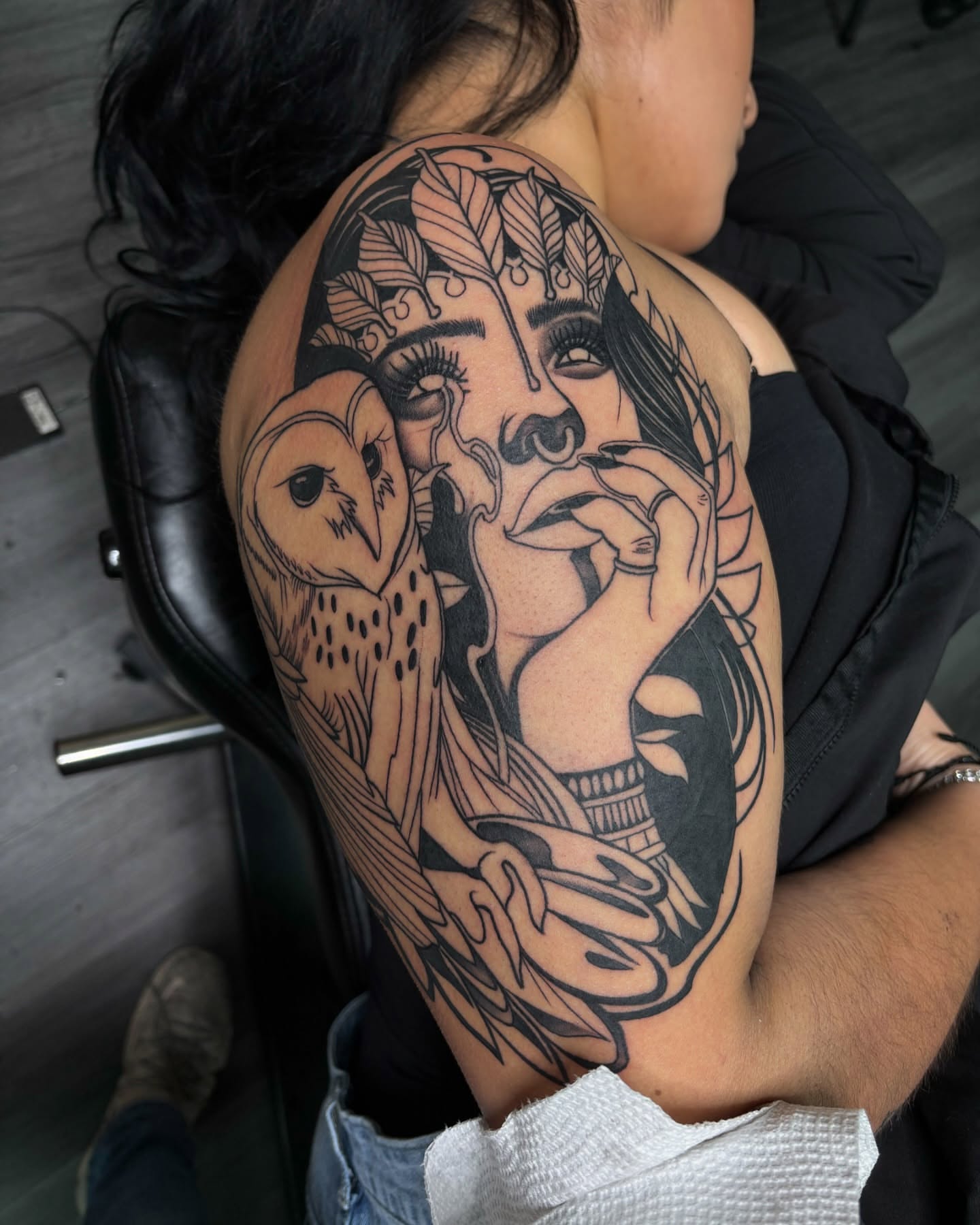 Woman with owl realism tattoo on the shoulder by Tattoos By Rico