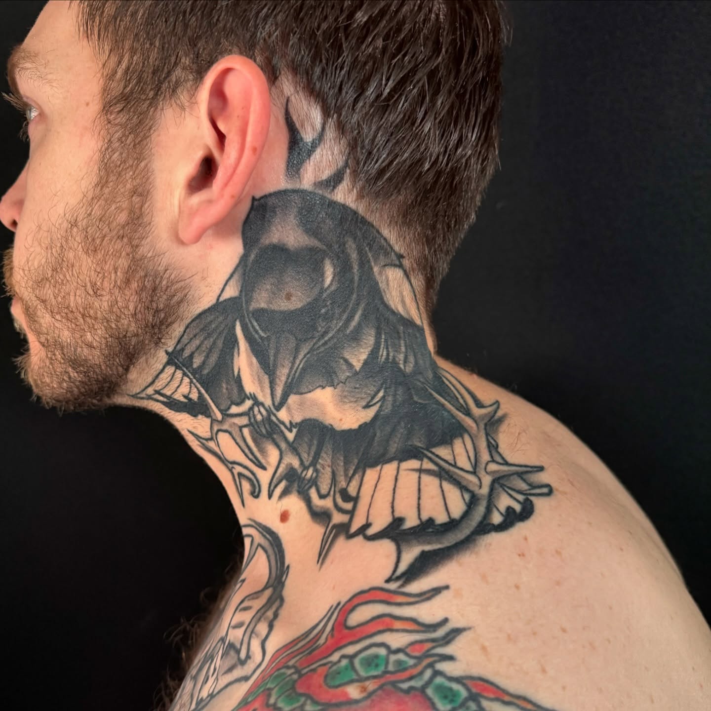 Bird black and grey tattoo on the neck by ✖️mike Alan✖️