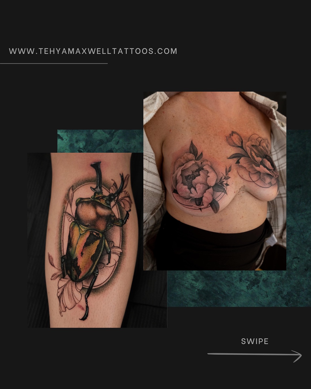 Beetle and flowers realism tattoo on the chest by Ohio Tattoo Artist - Tehya Maxwell, Springfield, Ohio