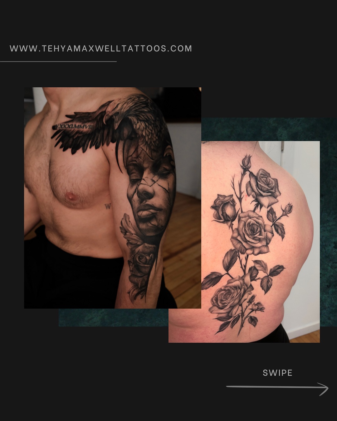 Woman's face with roses realism tattoo on the upper arm by Ohio Tattoo Artist - Tehya Maxwell, Springfield, Ohio