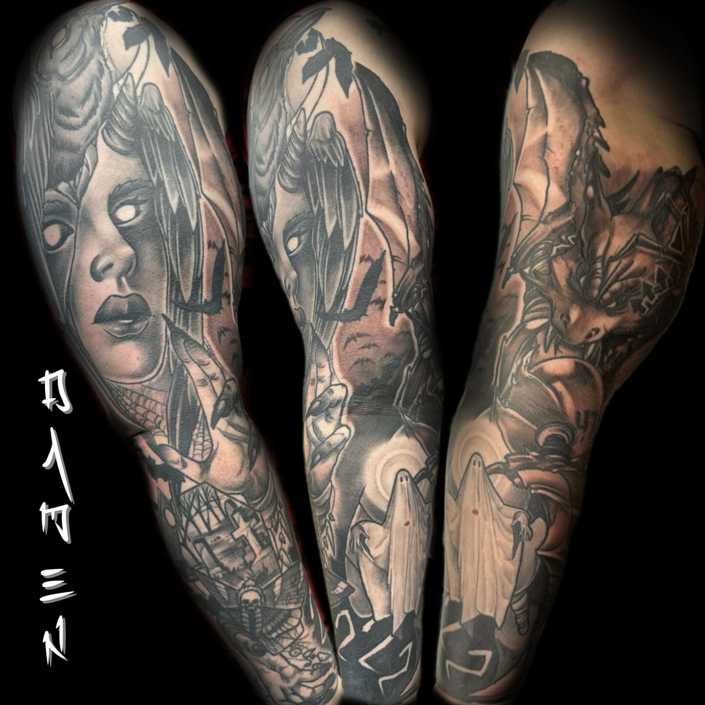 Ghosts and faces realism tattoo on the forearm by ✥ Daemon Downing ✥ Kansas Tattoo Artist ✥, Wichita, Kansas