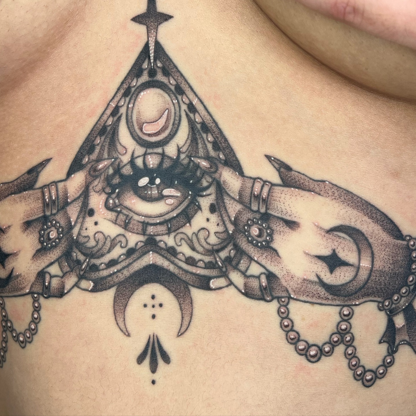 Eye and hands dotwork tattoo on the chest by ✮shayla ganong✮