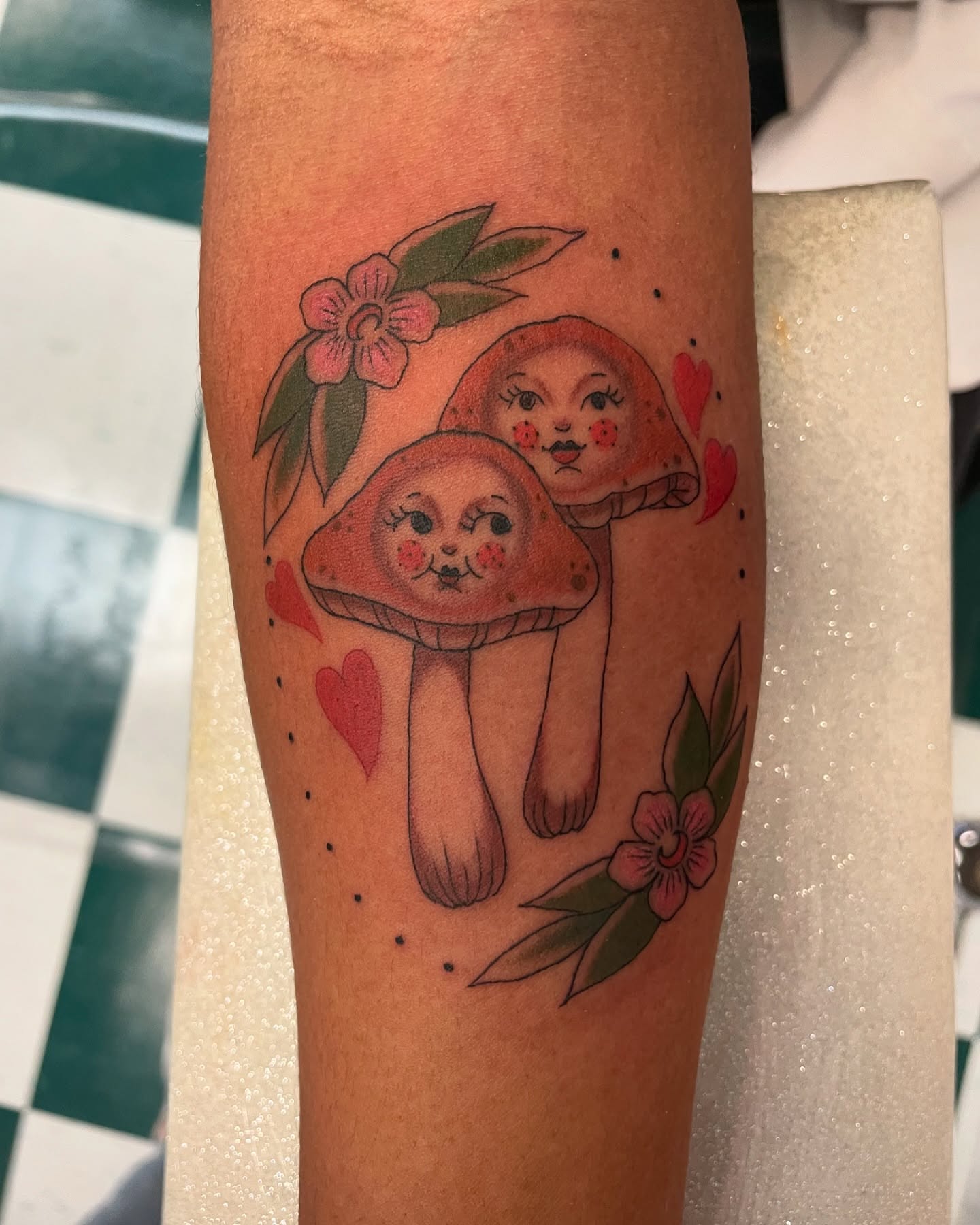 Mushroom couple dotwork tattoo on the forearm by Dayton Tattoo Artist, Miamisburg, Ohio