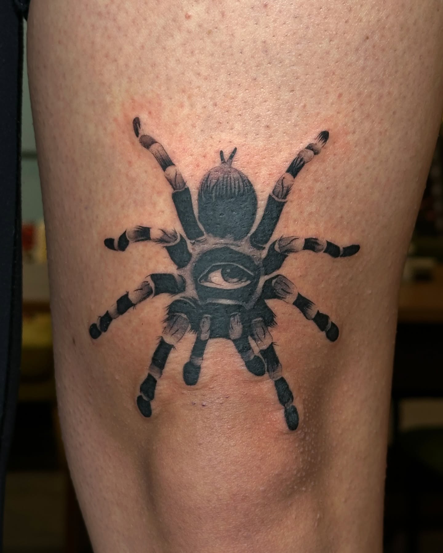 Spider black and grey tattoo on the thigh by christy 💌