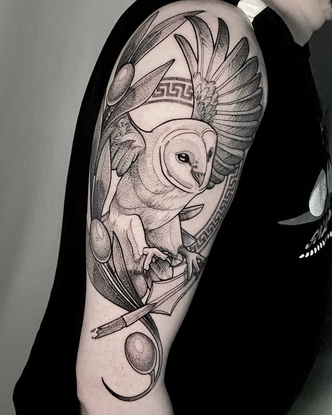 Owl dotwork tattoo on the forearm by Rowan Starr