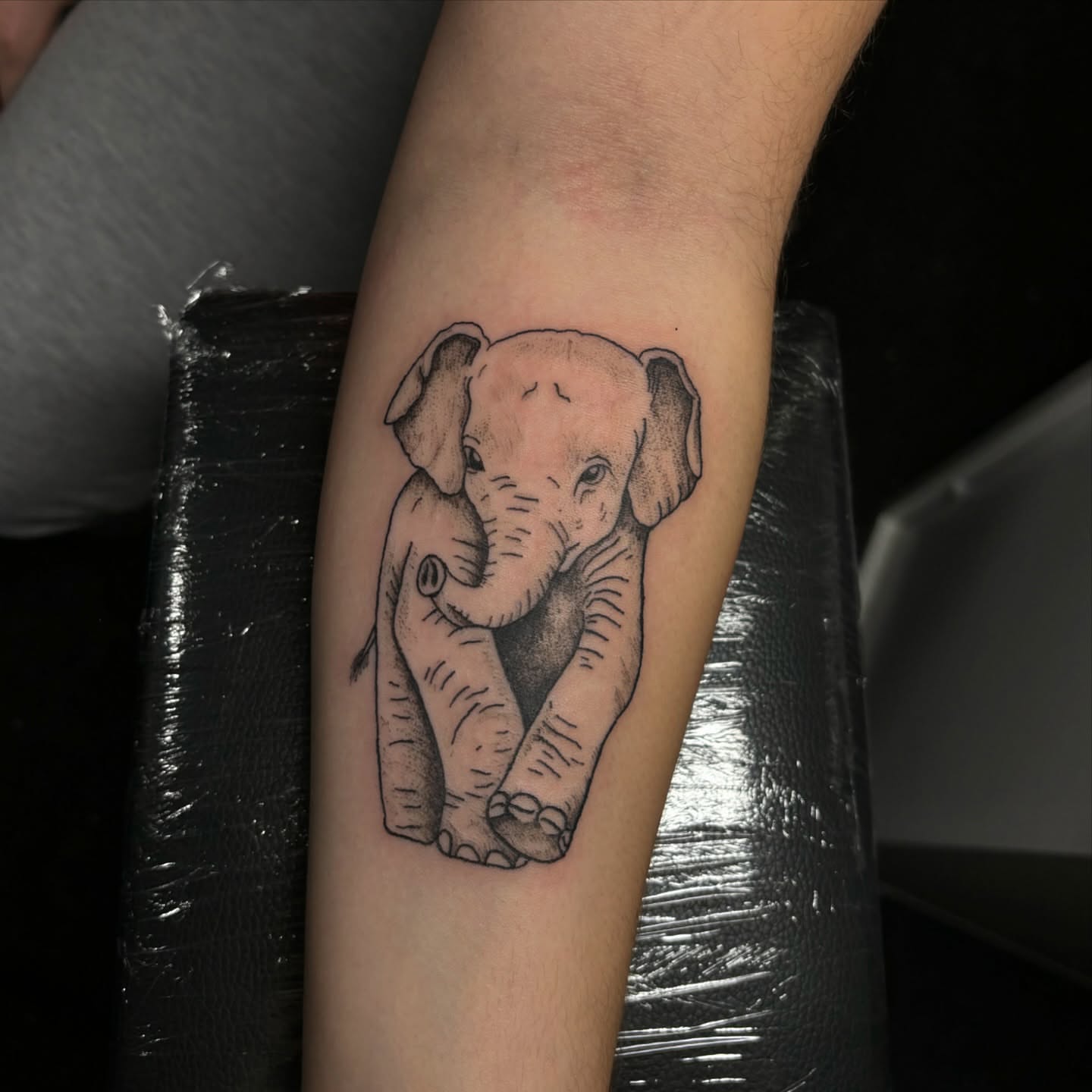 Baby elephant dotwork tattoo on the forearm by Victoria