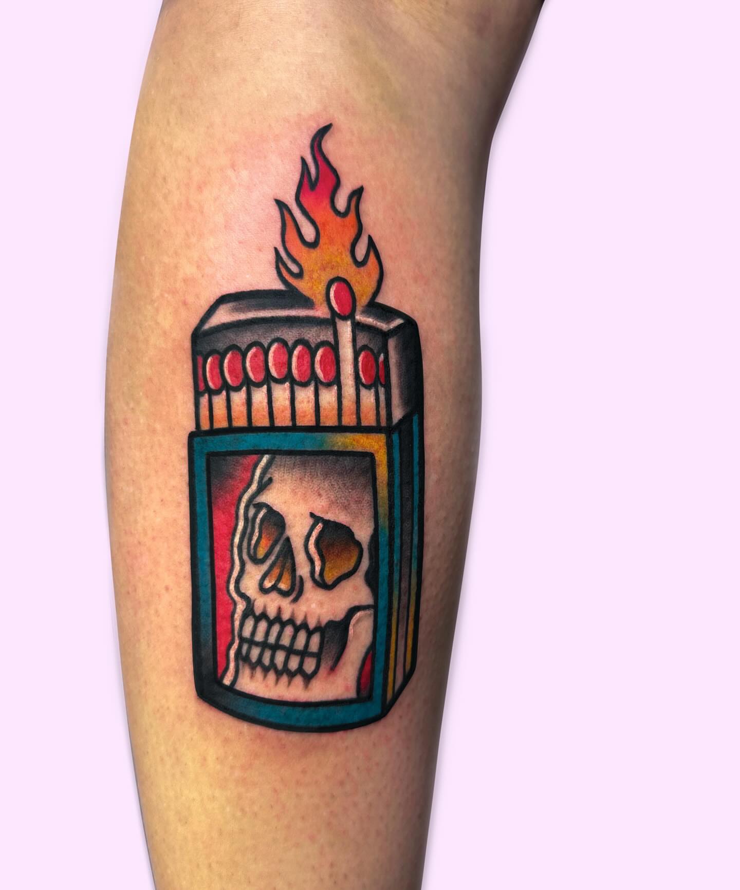 Matchbox with skull American traditional tattoo on the forearm by Gabby Tolley🌛