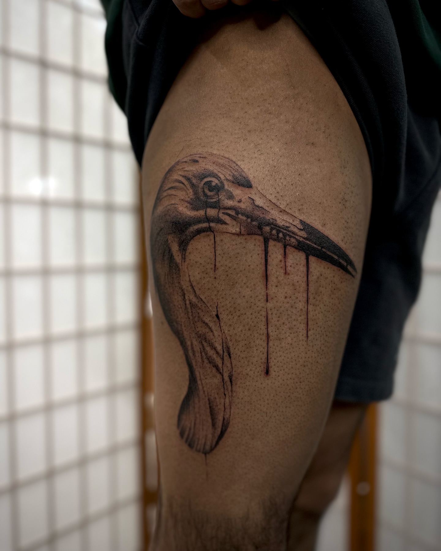 Bird dotwork tattoo on the thigh by christian martinez