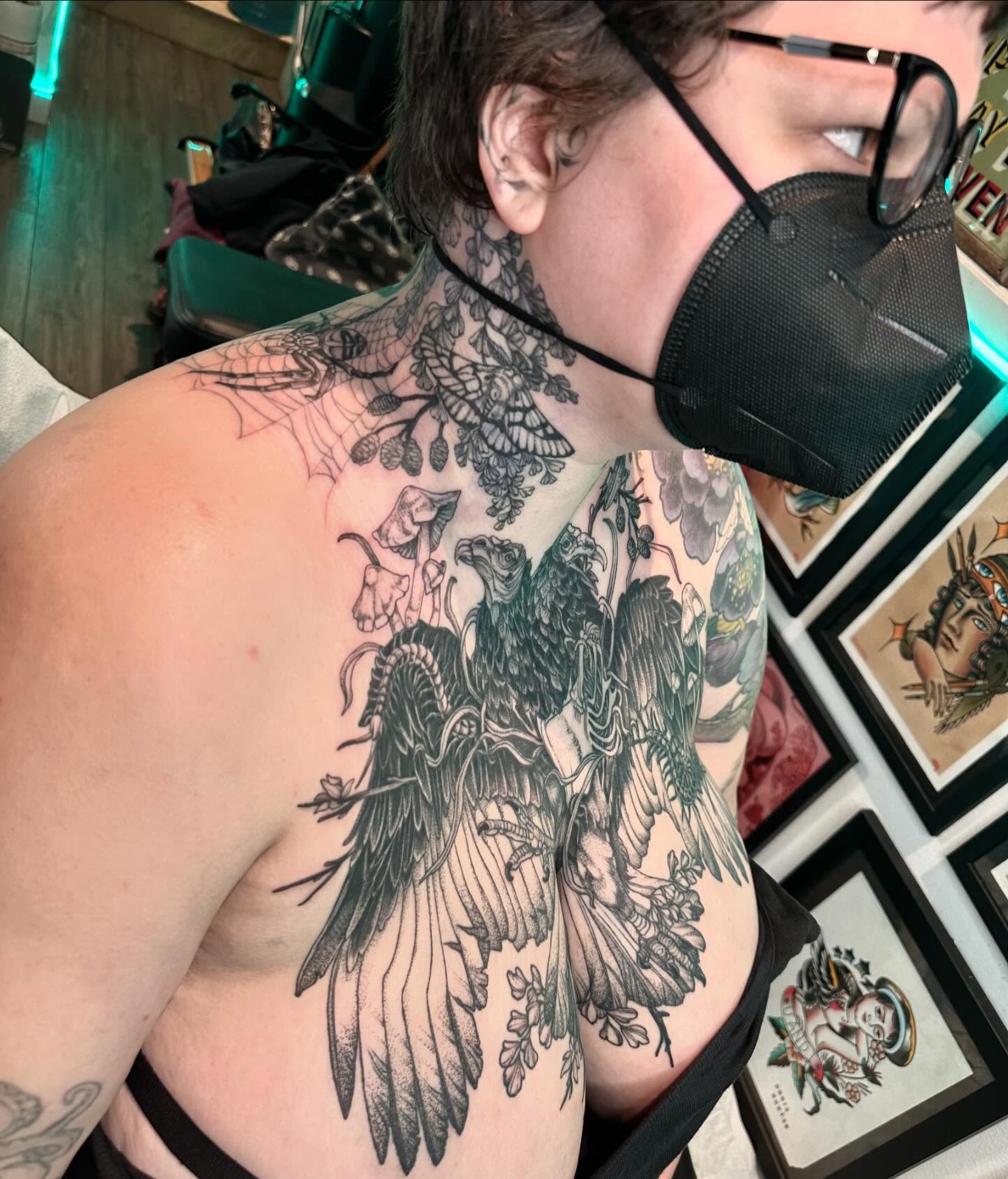 Eagle American traditional tattoo on the chest by Cassidy Depew, Seattle, Washington